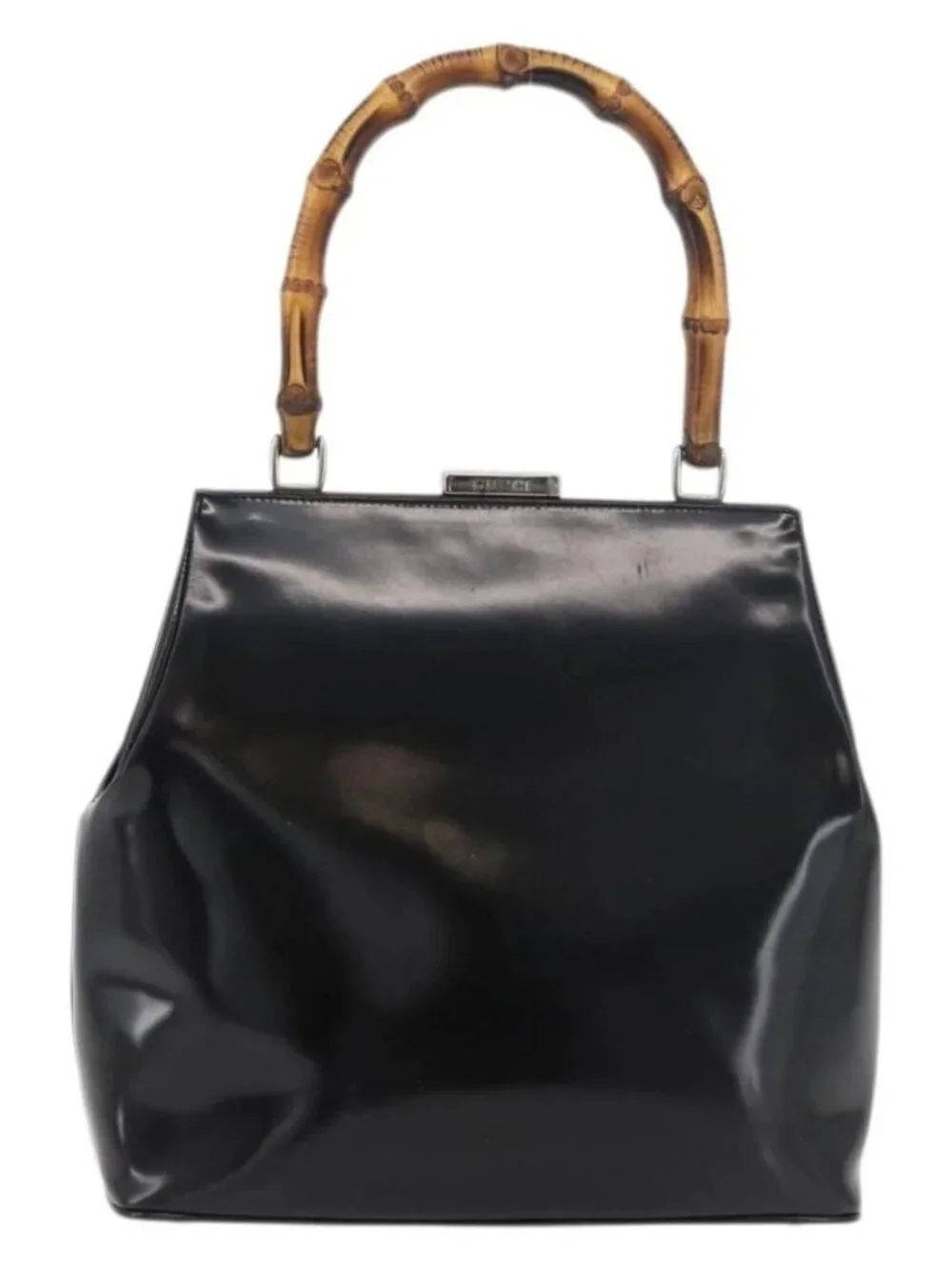 GUCCI Bamboo Hand Bag Enamel Black Silver 000 781 0295 Auth 176588